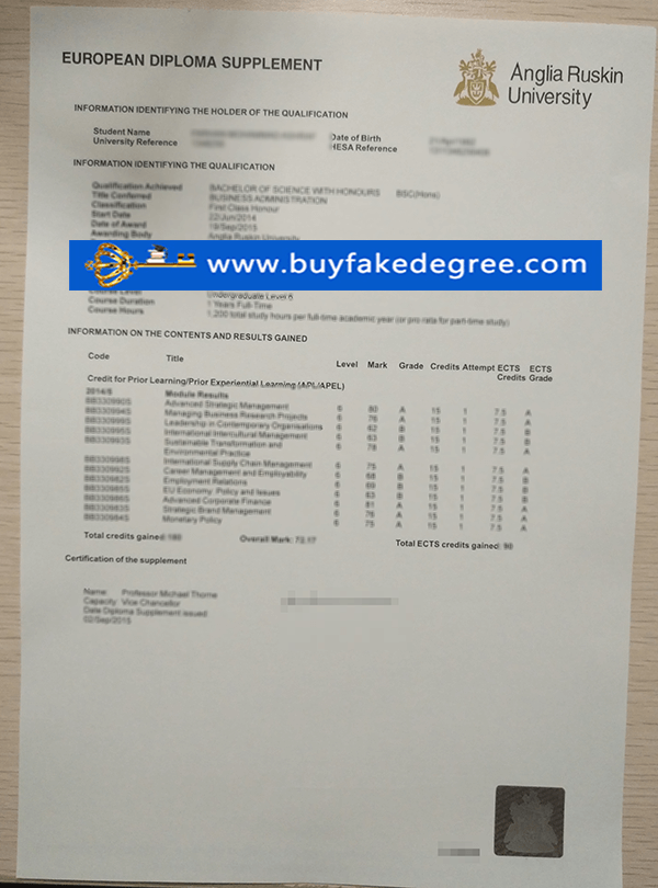 Anglia Ruskin University transcript