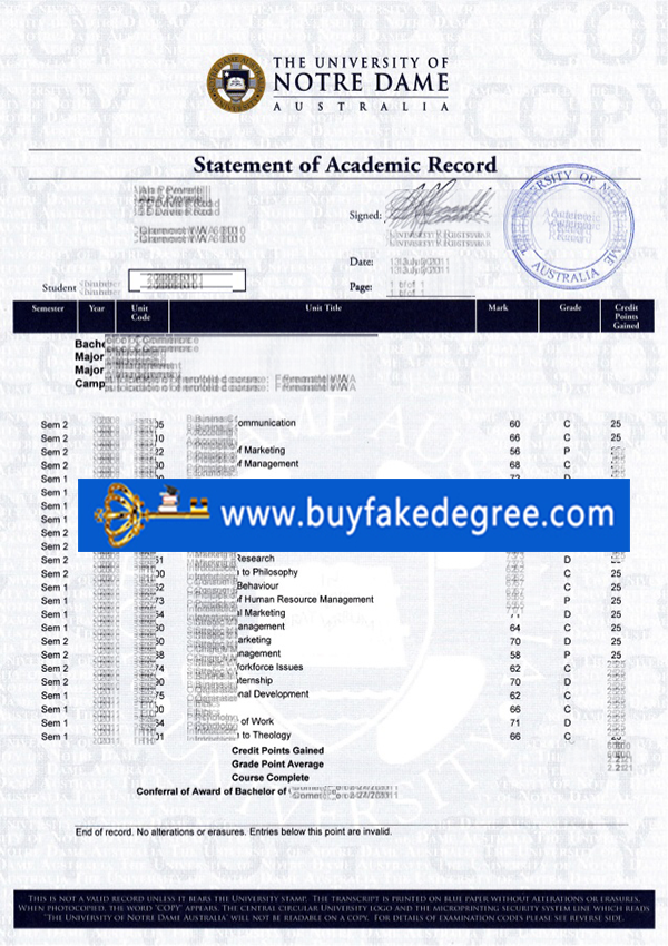 fake Notre dame University transcript 