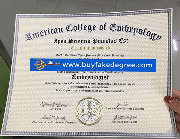 American College of Embryology certificate, buy fake degree, buy fake diploma certificate, fake American College of Embryology certificate