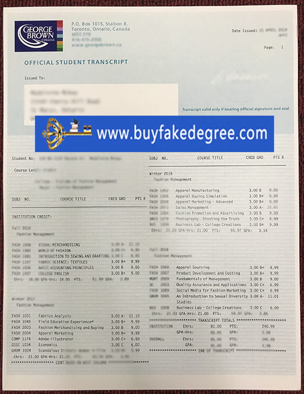 GBC transcript, George Brown College transcript, buy fake George Brown College transcript