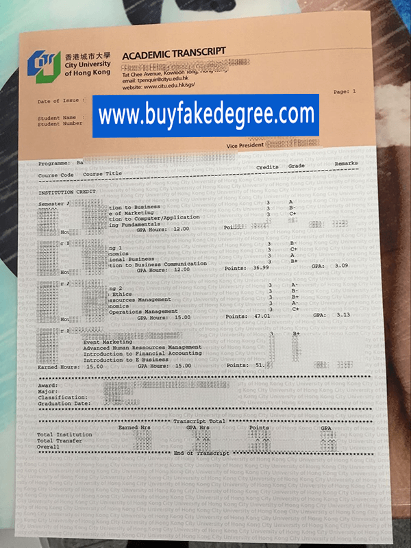 CUHK transcript, buy fake City University of Hong Kong transcript