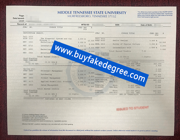 MTSU transcript, buy fake Middle Tennessee State University transcript