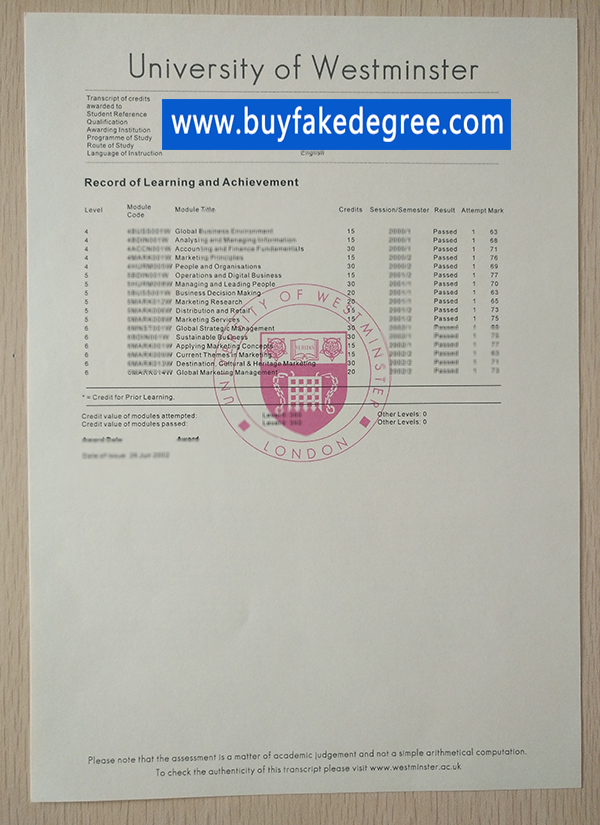 University of Westminster transcript, buy fake University of Westminster transcript