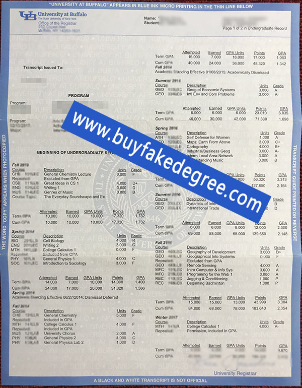 SUNY University at Bufallo fake transcript, buy fake transcript