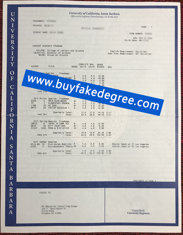 UCSB fake transcript, fake transcript of University of California Santa Barbara, buy fake diploma transcript