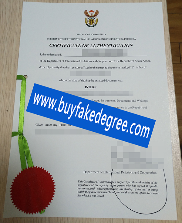 Republic of South Africa Certificate of Authentication